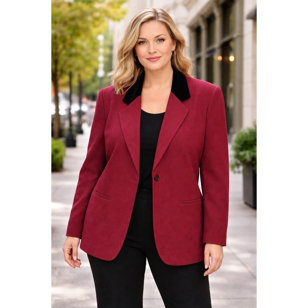 Sag Harbor Wool Blazer Womens 16 Red Excellent Velvet Collar Vintage Suit Jacket